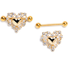 Load image into Gallery viewer, 14G 9/16 Clear CZ Gem Gold Tone Heart Duo Nipple Shield Set

