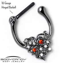 Load image into Gallery viewer, 16G 5/16 Red Clear CZ Black Floral Heart Cartilage Clicker
