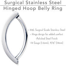 Load image into Gallery viewer, 14G 9/16 316L Surgical Steel Smooth Style Hinged Hoop Belly Ring
