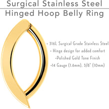 Load image into Gallery viewer, 14G 3/8 Gold Tone 316L Surgical Steel Hinged Hoop Belly Ring
