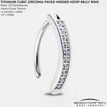 Load image into Gallery viewer, 14G 1/2 Implant Grade Titanium CZ Paved Hinged Hoop Belly Ring
