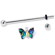 Load image into Gallery viewer, 14G Yellow Clear Gem Dark Butterfly Industrial Barbell 38mm
