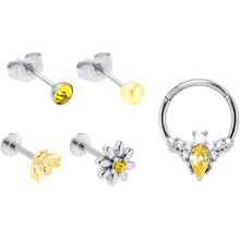 Load image into Gallery viewer, 16G Yellow Gem Bee Flower Labret Segment Ring Ear Curation Set of 5
