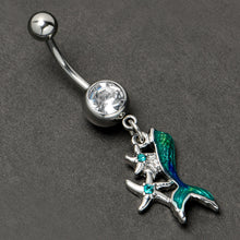 Load image into Gallery viewer, Blue Clear Gem Green Mermaid Tail Stars Dangle Belly Ring
