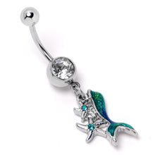 Load image into Gallery viewer, Blue Clear Gem Green Mermaid Tail Stars Dangle Belly Ring
