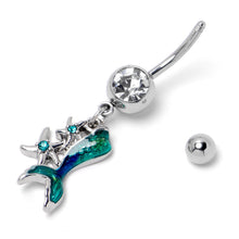 Load image into Gallery viewer, Blue Clear Gem Green Mermaid Tail Stars Dangle Belly Ring
