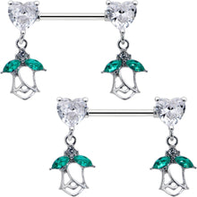 Load image into Gallery viewer, 14G 9/16 Clear CZ Gem Hearts And Roses Dangle Nipple Ring Set
