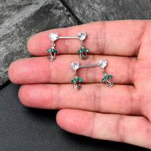 Load image into Gallery viewer, 14G 9/16 Clear CZ Gem Hearts And Roses Dangle Nipple Ring Set
