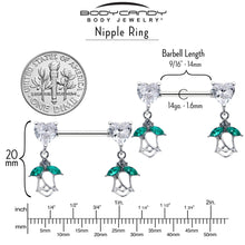 Load image into Gallery viewer, 14G 9/16 Clear CZ Gem Hearts And Roses Dangle Nipple Ring Set
