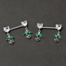 Load image into Gallery viewer, 14G 9/16 Clear CZ Gem Hearts And Roses Dangle Nipple Ring Set
