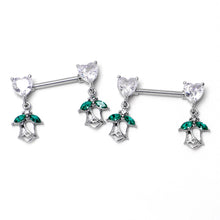 Load image into Gallery viewer, 14G 9/16 Clear CZ Gem Hearts And Roses Dangle Nipple Ring Set
