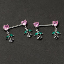Load image into Gallery viewer, 14G 9/16 Pink CZ Gem Hearts And Roses Dangle Nipple Ring Set
