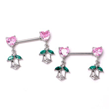Load image into Gallery viewer, 14G 9/16 Pink CZ Gem Hearts And Roses Dangle Nipple Ring Set
