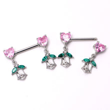 Load image into Gallery viewer, 14G 9/16 Pink CZ Gem Hearts And Roses Dangle Nipple Ring Set
