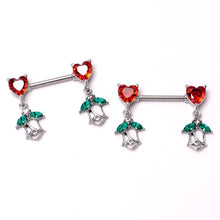 Load image into Gallery viewer, 14G 9/16 Red CZ Gem Hearts And Roses Dangle Nipple Ring Set
