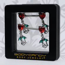 Load image into Gallery viewer, 14G 9/16 Red CZ Gem Hearts And Roses Dangle Nipple Ring Set
