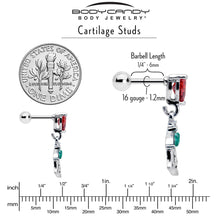 Load image into Gallery viewer, 16G 1/4 Red CZ Gem Heart And Rose Dangle Cartilage Earring
