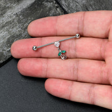Load image into Gallery viewer, 14G Clear CZ Gem Heart And Rose Dangle Industrial Barbell 38mm
