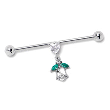 Load image into Gallery viewer, 14G Clear CZ Gem Heart And Rose Dangle Industrial Barbell 38mm
