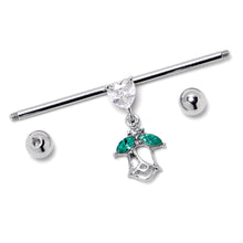 Load image into Gallery viewer, 14G Clear CZ Gem Heart And Rose Dangle Industrial Barbell 38mm
