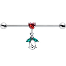 Load image into Gallery viewer, 14G Red CZ Gem Heart And Rose Dangle Industrial Barbell 38mm
