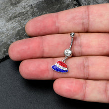Load image into Gallery viewer, Red Blue Clear Gem Patriotic Hat Dangle Belly Ring
