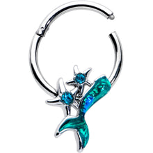 Load image into Gallery viewer, 16G 3/8 Blue Gem Green Mermaid Tail Stars Hinged Segment Ring
