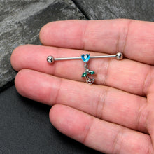 Load image into Gallery viewer, 14G Blue CZ Gem Heart And Rose Dangle Industrial Barbell 38mm
