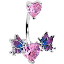 Load image into Gallery viewer, Pink CZ Gem Hearts Butterflies Purple Double Mount Belly Ring
