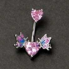 Load image into Gallery viewer, Pink CZ Gem Hearts Butterflies Purple Double Mount Belly Ring
