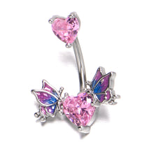Load image into Gallery viewer, Pink CZ Gem Hearts Butterflies Purple Double Mount Belly Ring
