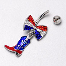 Load image into Gallery viewer, Red Blue Clear Gem Bow Cowboy Boot Patriotic Dangle Belly Ring
