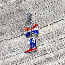 Load image into Gallery viewer, Red Blue Clear Gem Bow Cowboy Boot Patriotic Dangle Belly Ring
