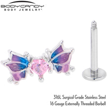 Load image into Gallery viewer, 16G 5/16 Pink CZ Gem Heart Butterfly Labret Monroe Tragus
