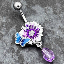 Load image into Gallery viewer, Purple Gem Passion Flower Butterfly Dangle Belly Ring
