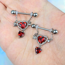 Load image into Gallery viewer, 14G 9/16 Red Gem Fusion of Love Arrow Heart Dangle Nipple Ring Set
