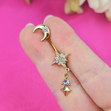 Load image into Gallery viewer, Clear Gem Gold Tone Celestial Glam Dangle Double Mount Belly Ring
