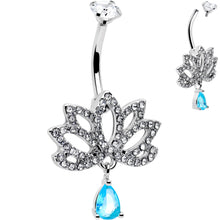 Load image into Gallery viewer, Clear Blue CZ Gem Fashion Flower Lotus Flower Dangle Belly Ring
