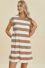 将图片加载到图库查看器，Full Size Striped Round Neck Cap Sleeve Mini Dress For Women – Striped Mini Dress, Full-Size Round Neck Dress, Comfortable Cap Sleeve Dress, Chic Striped Dress, Flattering Mini Dress, Casual Everyday Dress, Versatile Striped Dress
