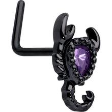 将图片加载到图库查看器，20G 7mm Purple Gem Black Goth Scorpion L Shape Nose Ring

