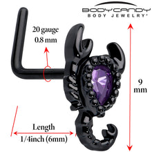 将图片加载到图库查看器，20G 7mm Purple Gem Black Goth Scorpion L Shape Nose Ring
