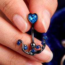 Load image into Gallery viewer, Blue Gem Black Heart Scrolling Elegance Double Mount Belly Ring
