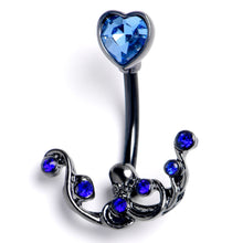 Load image into Gallery viewer, Blue Gem Black Heart Scrolling Elegance Double Mount Belly Ring
