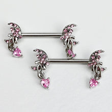 Load image into Gallery viewer, 14G 9/16 Pink Gem Moon Bow Heart Dangle Nipple Ring Set
