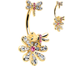 将图片加载到图库查看器，Clear Pink Gem Gold Tone Flower Bug Double Mount Belly Ring
