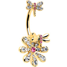 将图片加载到图库查看器，Clear Pink Gem Gold Tone Flower Bug Double Mount Belly Ring
