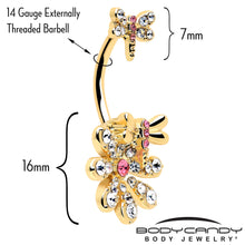 将图片加载到图库查看器，Clear Pink Gem Gold Tone Flower Bug Double Mount Belly Ring
