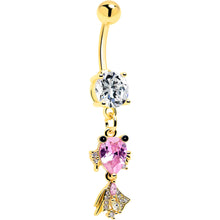Load image into Gallery viewer, Clear Pink CZ Gem Gold Tone Fanciful Fish Dangle Belly  Ring
