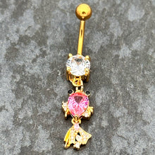 Load image into Gallery viewer, Clear Pink CZ Gem Gold Tone Fanciful Fish Dangle Belly  Ring

