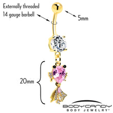 Load image into Gallery viewer, Clear Pink CZ Gem Gold Tone Fanciful Fish Dangle Belly  Ring

